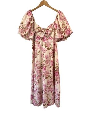 Avec Les Filles Rococo linen midi dress 8 pink Floral Puff Sleeve twist front